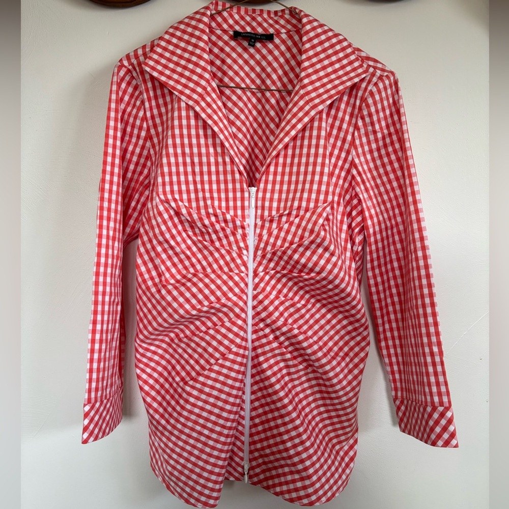 Lafayette 148 NY Red Gingham Zip Front Blouse Tailored Cotton Stretch Top 10